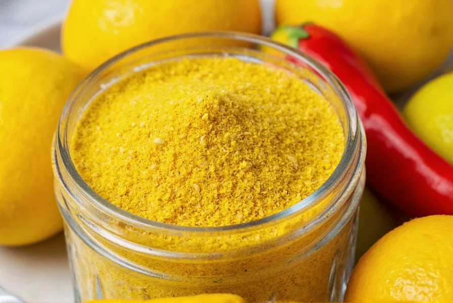 Close-up of aji lemon pepper seasoning showing vibrant yellow color in glass jar with fresh lemons and aji amarillo peppers
