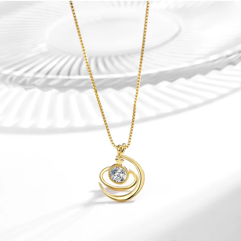 

2021 new trendy natural stone gold plated necklace sterling silver 925 cubic zirconia diamond saturn necklace sun pendants charm, Blue/white