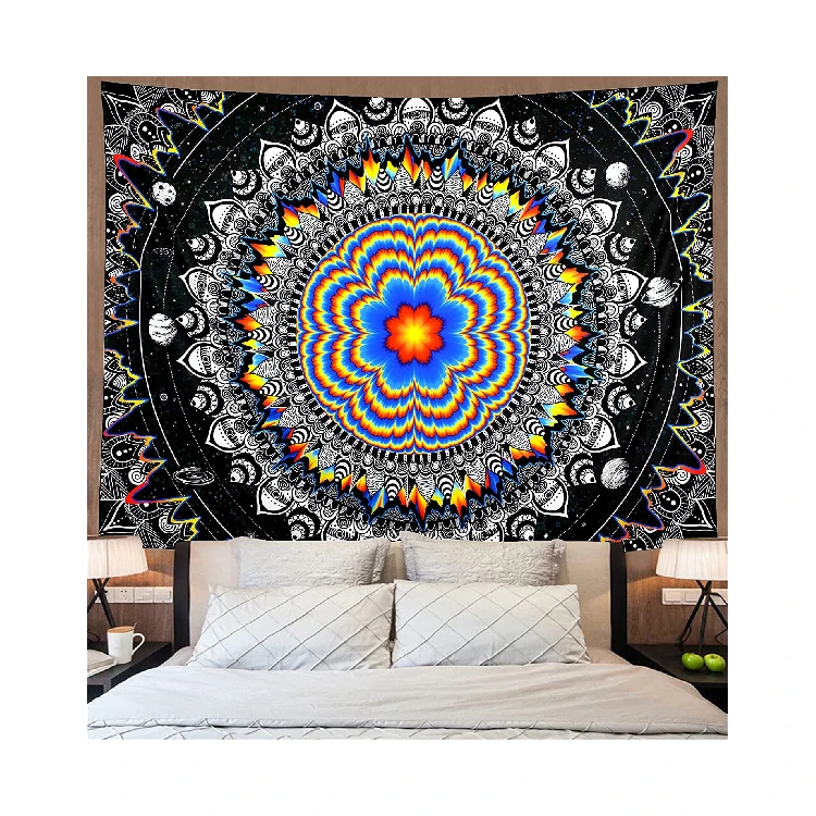 

Black Psychedelic Mandala Hippie Hanging Curtain Heaven Galaxy Stars Cloth Colorful Bohemian Living Room Wall Art Tapestry, Customized color