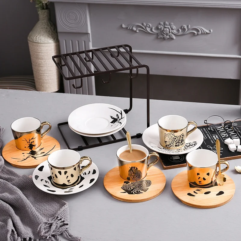 

Ceramic Coffee Cup And Saucer Gift Ser Mirror Mug Magic Reflection Imaging Animal Mug with Ceramic and Bamboo Tray, Customized color