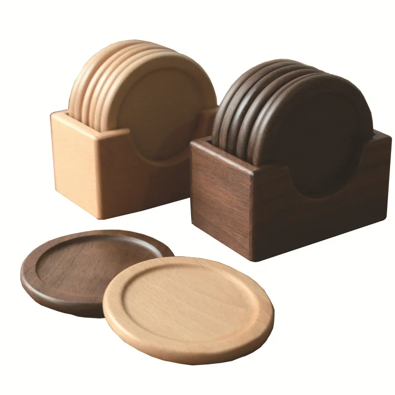 

Custom square round walnut beech wood blank wooden coaster set holder, Natural walnut or beech