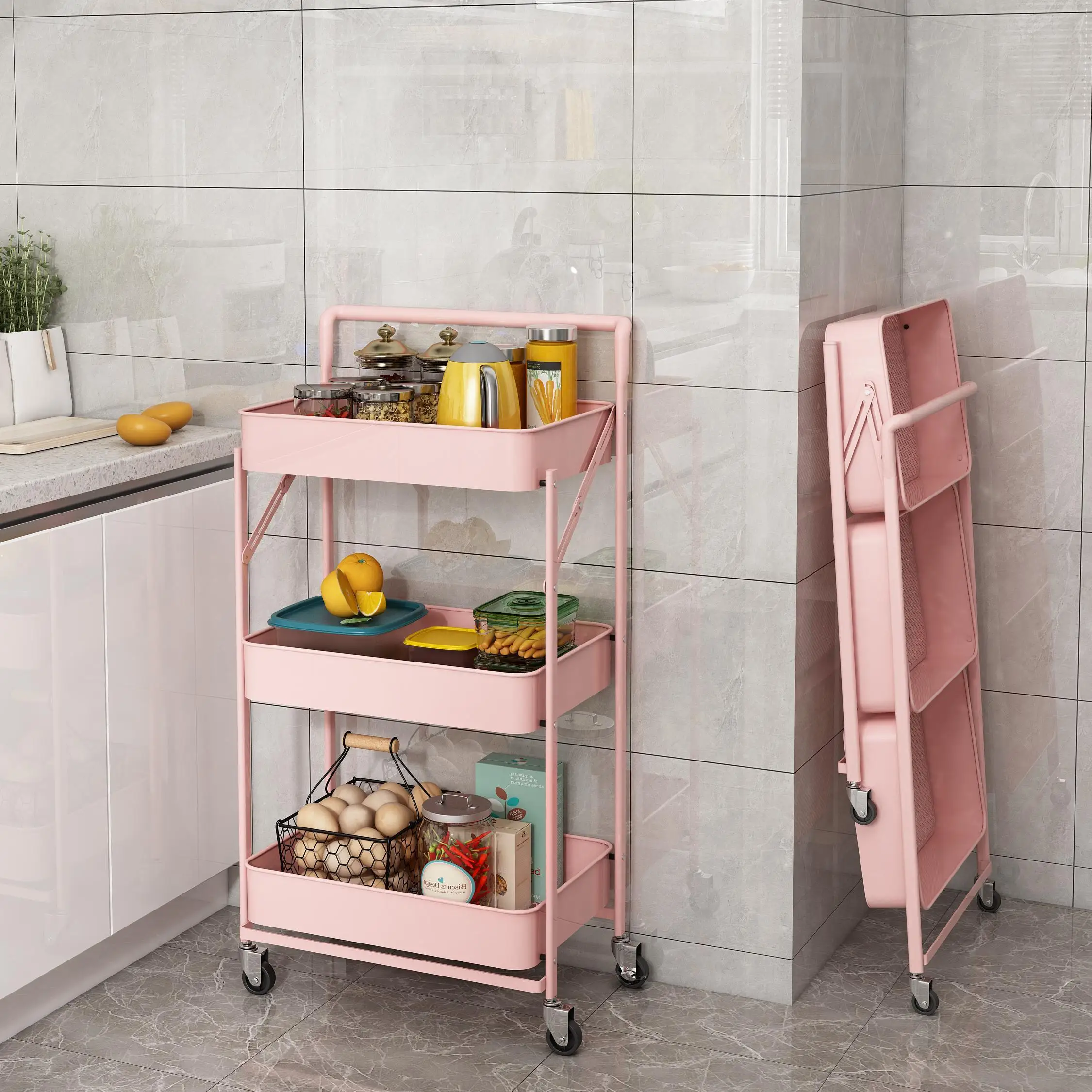 

Household Multi-function Trolley Cart 3-tier Kitchen Storage Rack, White,black,pink