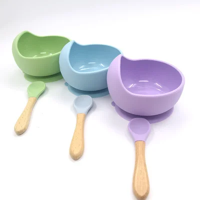

Portable Spill Proof Silicone Baby Suction Bowl Wood Spoon Set for Kid Toddler Snack Pink Silicon Green Latex, As shown in the figure below
