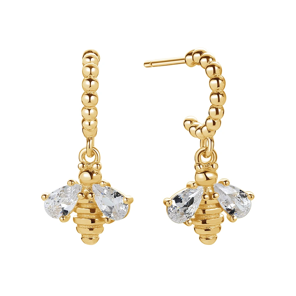 

Women fashion silver jewelry minimalist 925 sterling silver 18k gold plated cz bee drop earrings