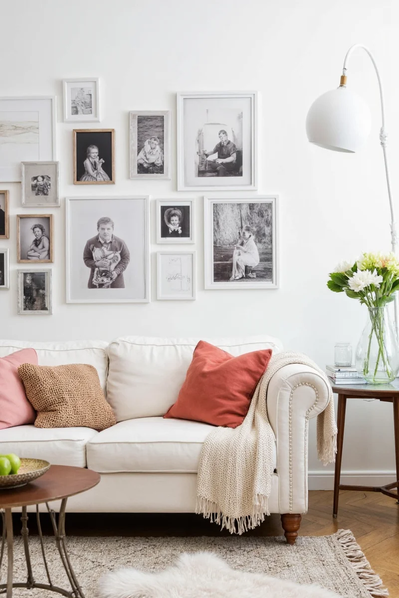 Living room with photo backdrop on accent wall