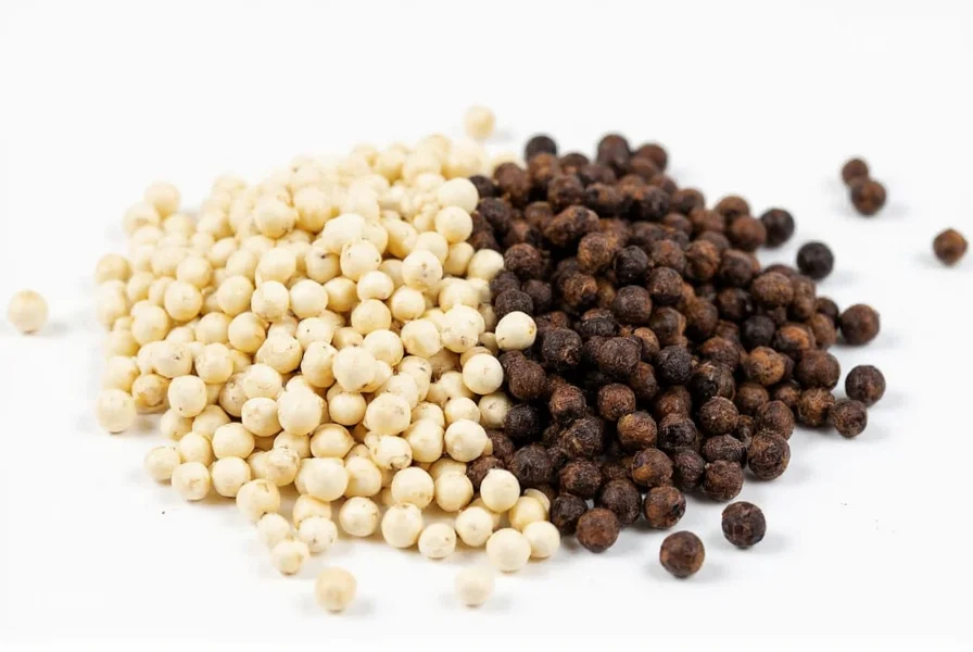 Close-up comparison of whole black peppercorns next to white peppercorns showing texture and color differences
