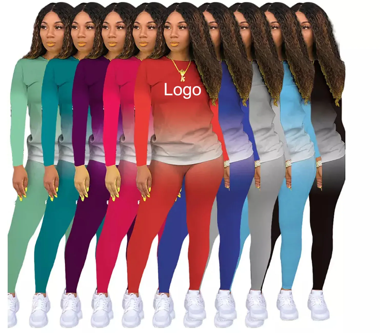 

2021 Wholesale Casual Custom Logo Plus Size  Gradient Color Tops Leggings 2 Two Piece Pants Sets Spring Women Clothing, Picture
