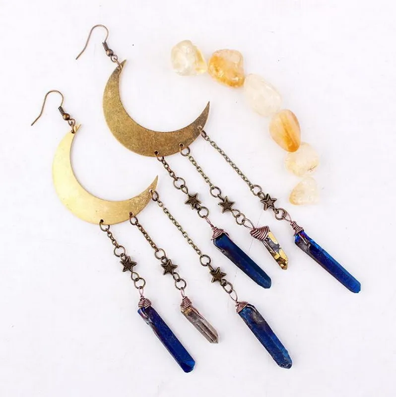 

Antique Gold with Crescent and Little Star Raw Quartz Statement Earrings