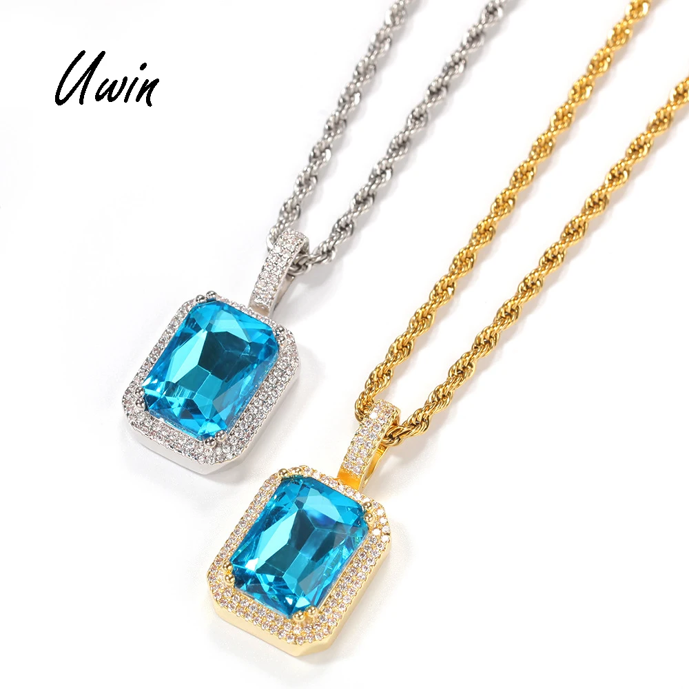 

Iced Out CZ Pendant Big Blue Crystal Rhinestone Pendant Light Blue Stone Bling Ruby Pendant Hip Hop Necklace, Pink,red. blue, green