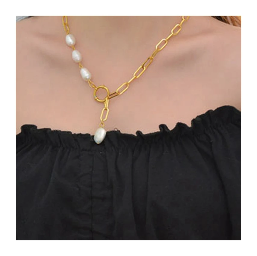 

Fashion jewelry gold plated stainless steel baroque pearl pendant necklace