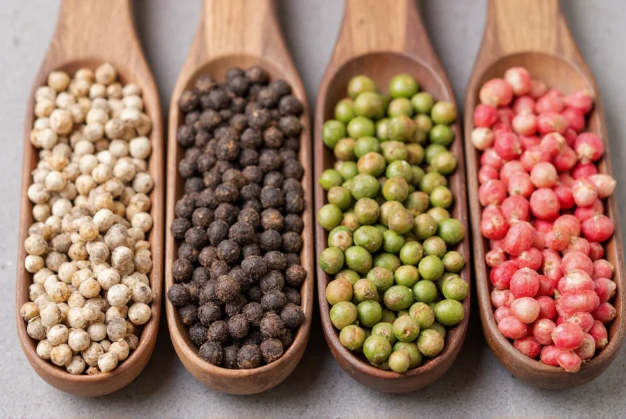 Close-up comparison of white pepper, black pepper, green peppercorns, and pink peppercorns in small bowls