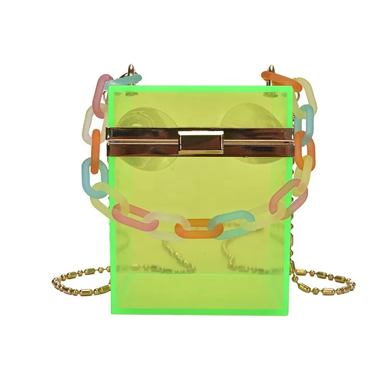 

2020 Trending Colorful Acrylic Handle Ladies Box Handbags Golden Chain Crossbody Women Clear Jelly Hands Bag