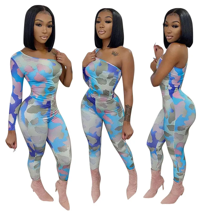 

Hot Sale 2021 New Arrivals Multicolor printed women one-shoulder jumpsuit for women streetwear