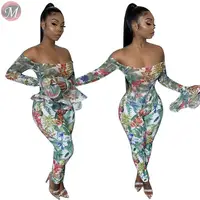 

9101708 casual fashion floral print bell sleeve off shoulder Sexy Long Sleeve Trendy Jumpsuit