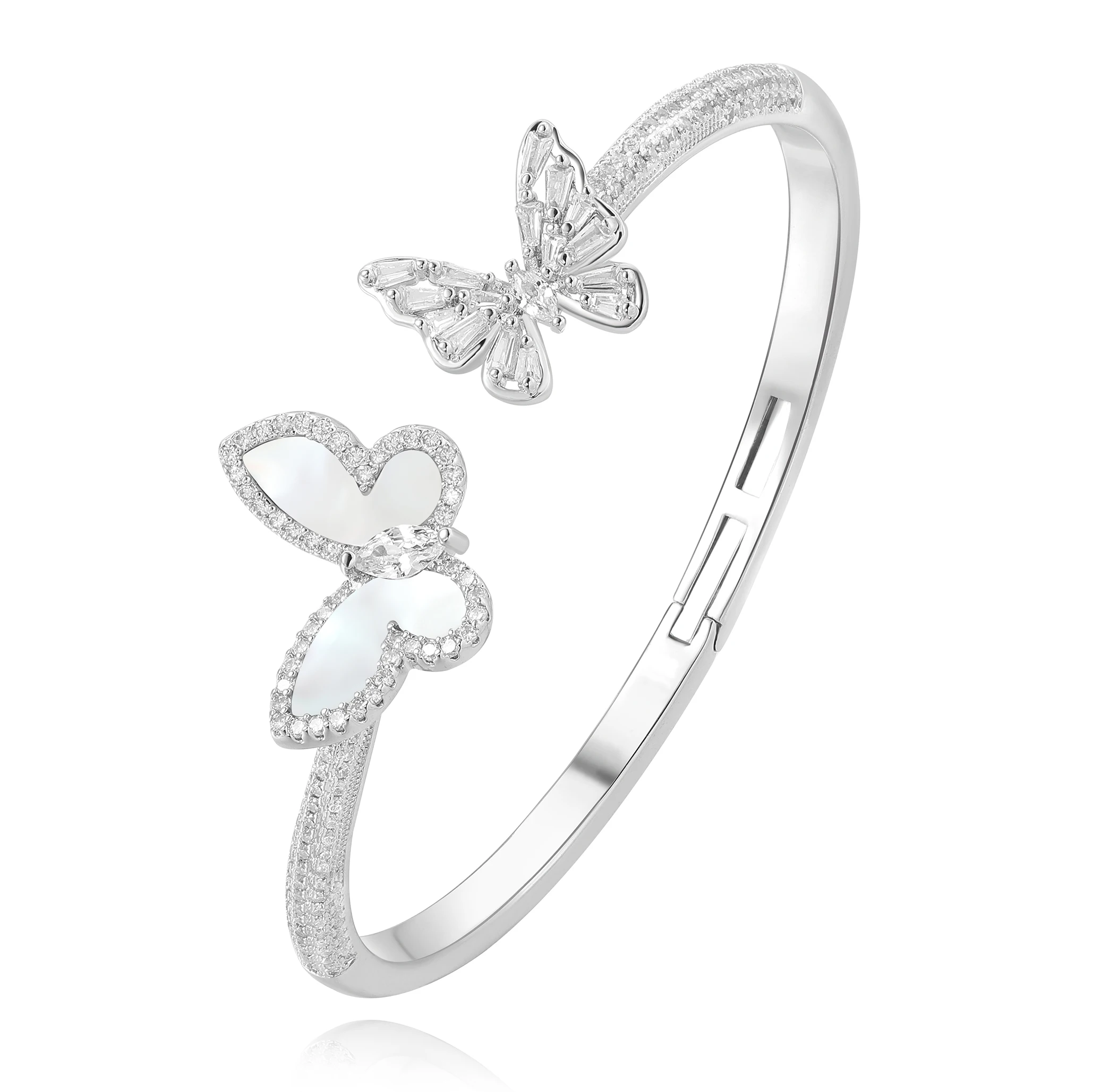 Fashion Light Luxury Brass Plating Silver Natural White Mother-Of-Pearl Butterfly Open Bracelet Women Jewelry Factory Wholesale