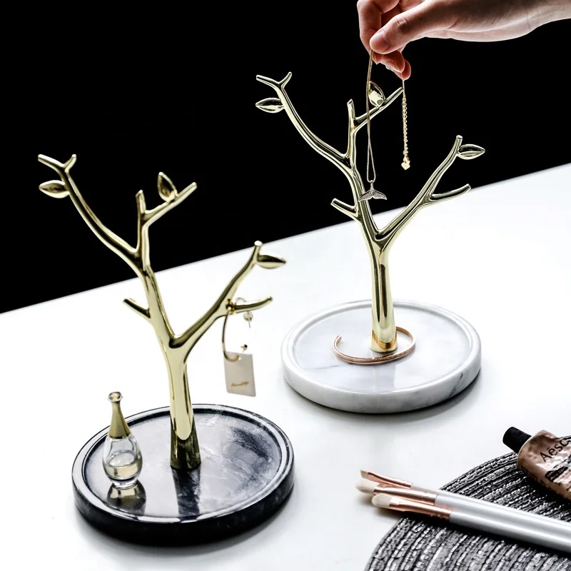 

Nordic style gold jewelry rack desktop ring necklace storage rack with marble base, White/gray/black/green,100%natural