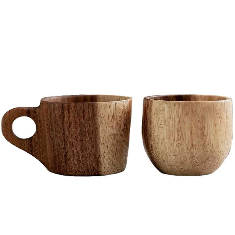 

Custom Logo Fancy Natural Handmade Solid Wood Beer Water Coffee Mug High Grade Acacia Wood Tea Cup with Handle