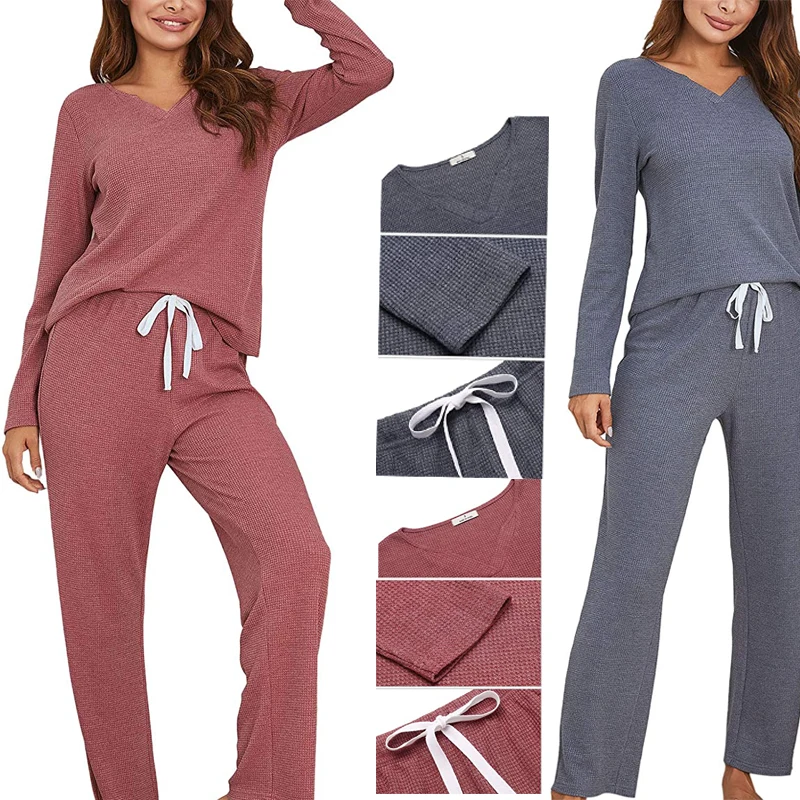 

Drawstring Waist Sleepwear Set Women Long Sleeves comfy Pajamas, Red/blue