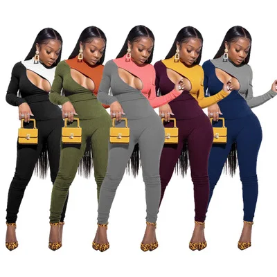 

Hot Sale Zipper Open Front Contrast Color Women Bodycon 2 Piece Sweatsuit Set Outfits Women Tracksuit, 5 colors