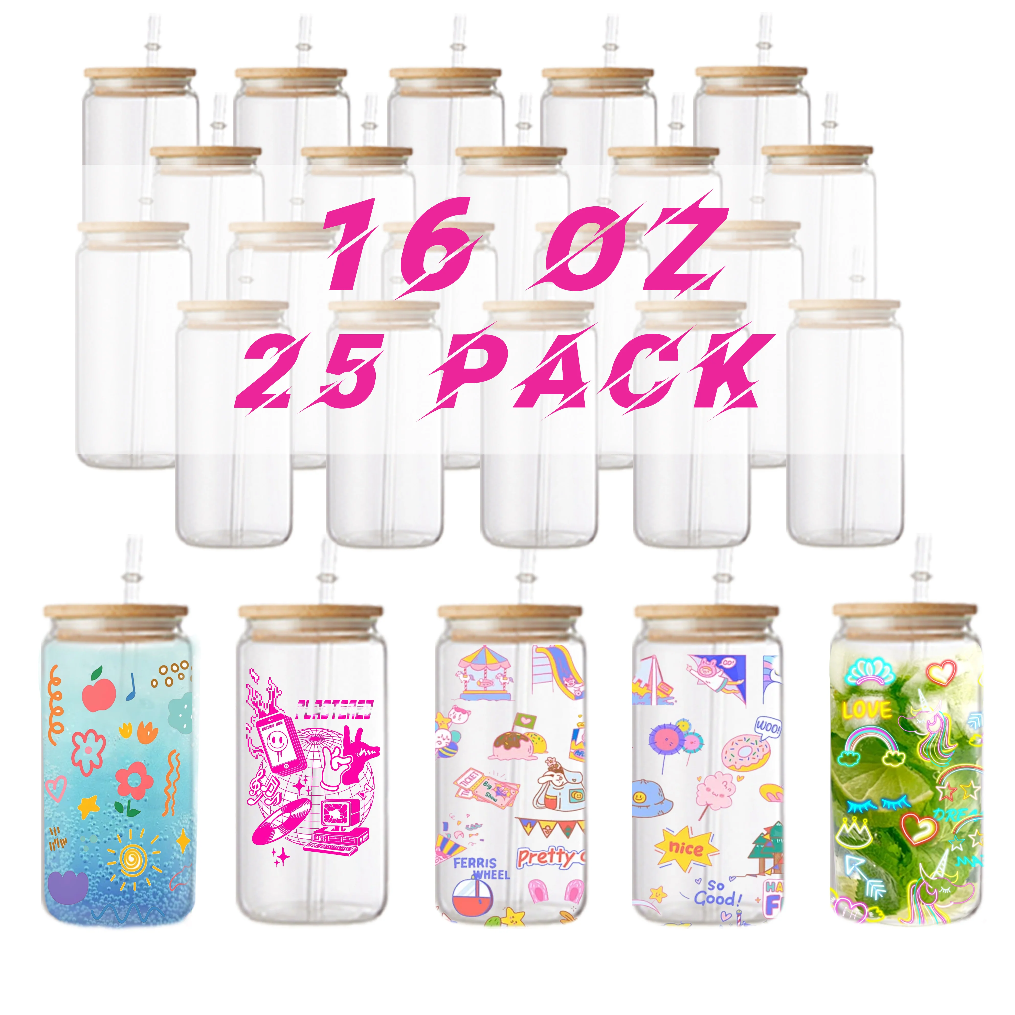 USA Warehouse 16oz Borosilicate Frosted Clear Sublimation Blank Can Shaped Tumbler with Bamboo Lid Plastic Straw-Eco-Friendly