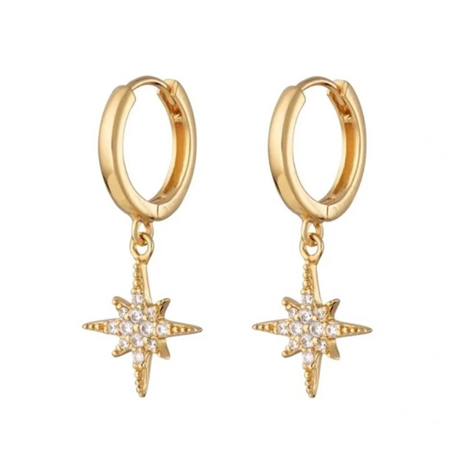 

Trendy Style 18K Gold Plated Cubic Zircon Starburst Earrings 925 Sterling Silver Pave Star Huggies Earrings