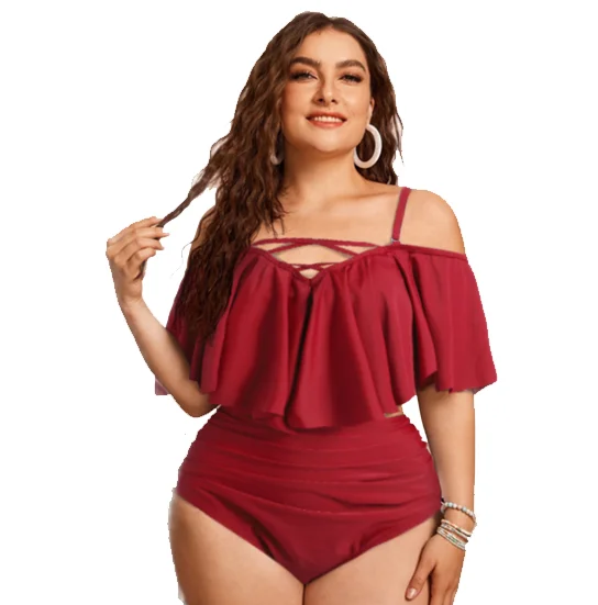 

2022 New Design DAMO Plus Size High Waisted Bikini Sexy Women Red Ruffle Two Pieces Summer Girls Sauna Wear Hot Swimwear