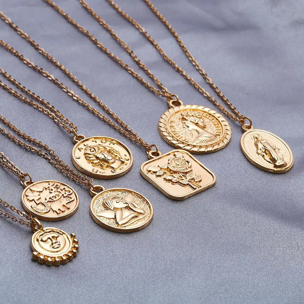 

Ruigang Vintage Carved Gold Chain Coin Pendant Face Rose Angel Jesus Virgin Mary Necklace for Women