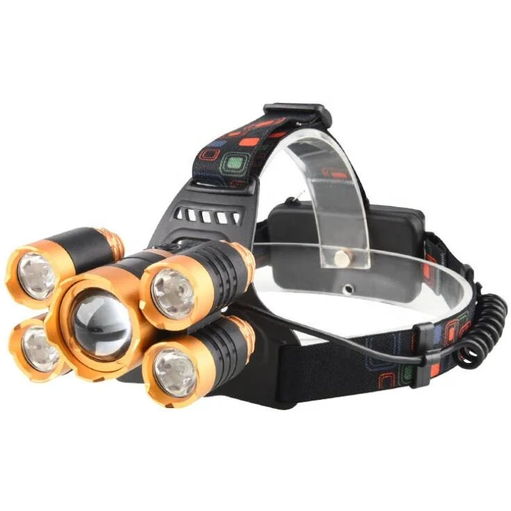 Amazon Hot Sale High Power 5LED T6 Zoom Headlight Torch Light 18650 Rechargeable Waterproof Camping LED Headlamp