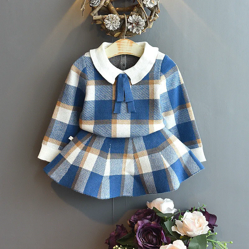 

Winter middle and small children girls suits plaid long-sleeved two-piece children's clothing