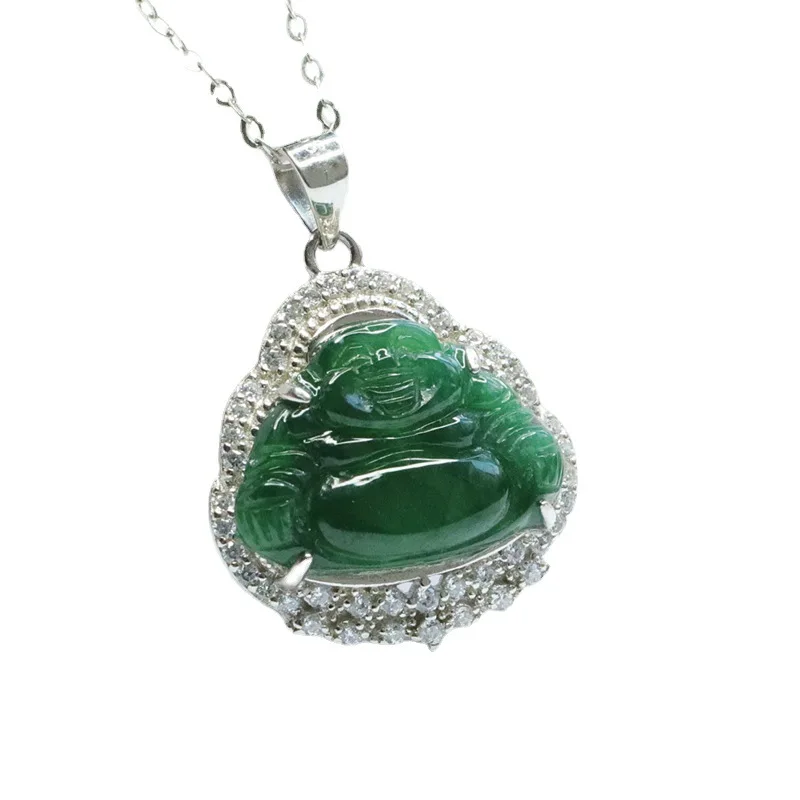 

S925 Silver Inlay Natural Emerald Pendant Ice-Like Emperor Green Buddha Factory Live Delivery FC1010310