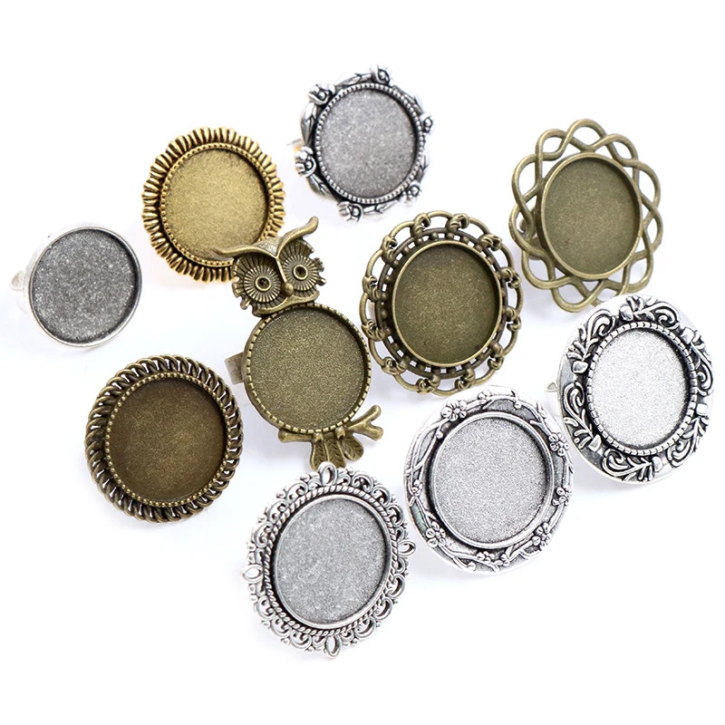 

5pcs/lot  Antique Silver Plated Bronze Brass Mixed Style Adjustable Ring Settings Blank Base Fit  Cabochons Rings Bezel, Multi-colors