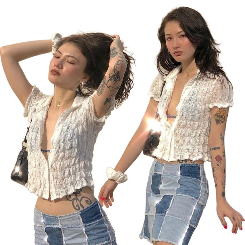 

Candice Sweet Lace Short Sleeve Polo Shirt Puff Sleeve Fungus shirt Women white lace chiffon blouse crop top