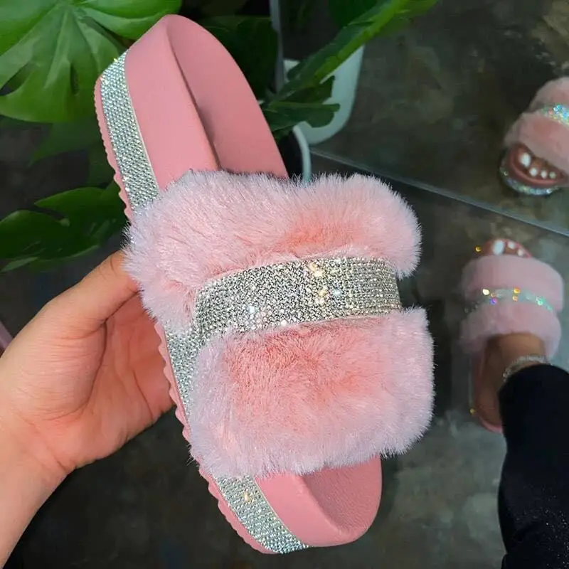 

Hot sale lady beach rhinestone diamond fur wedge sandal Shoes Slippers womens flat casual slide platform sandals women, Black,pink,white