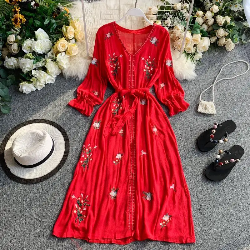 

Summer Bohemian Style New Women Casual Holiday Dress Lady Embroidery o-neck Half Puff sleeve Short Midi Dress