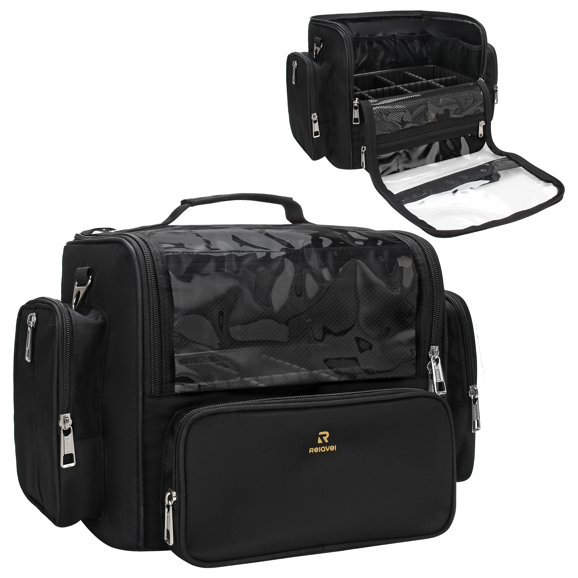 Relavel Clear Waterproof Cosmetic Organizer Bags Full Open Makeup Brush Holder Black Professional Makeup Artist Travel Bag