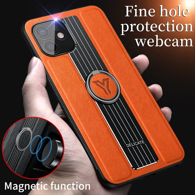 

Business Leather Case Car Magnetic Holder Phone Case for iPhone 11 12 12 Pro Protective Back Cover, Orange, red, blue, black