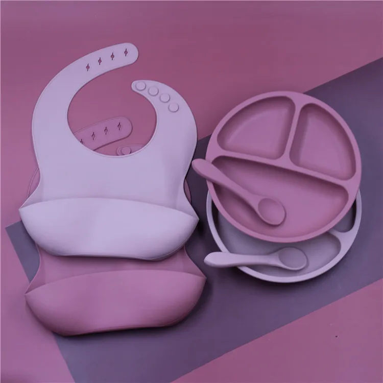 

Food Grade Silicone Bibs Set Baby Suction Plates Baby Plates Silicone With Spoon And Fork, Customized color