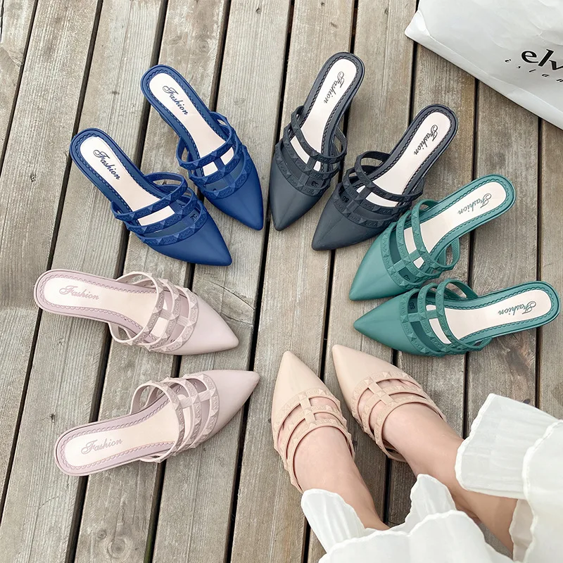 

new design pink female footwear low heels sandals slippers shoes for ladies