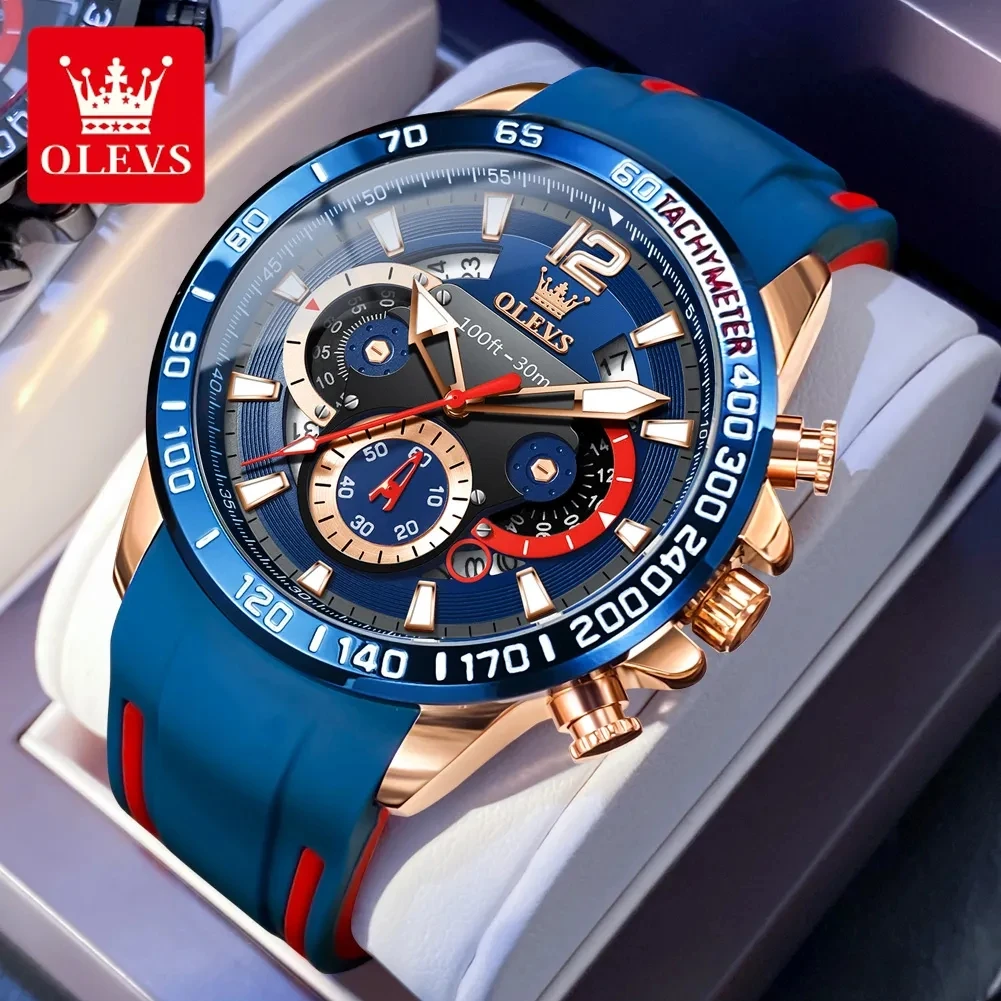 OLEVS 9936 New Silicone Blue Strap Multi-function Men Wristwatch Waterproof Quartz Sport Watch for Men Luminous Calendar Logo