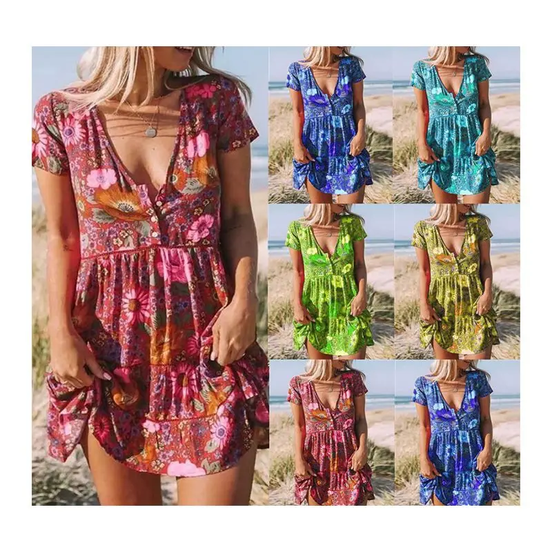 

New Women's Women's Printed V-neck Short Sleeve Retro Mid-short Skirt Party Beach Floral Printed Ladies Dress