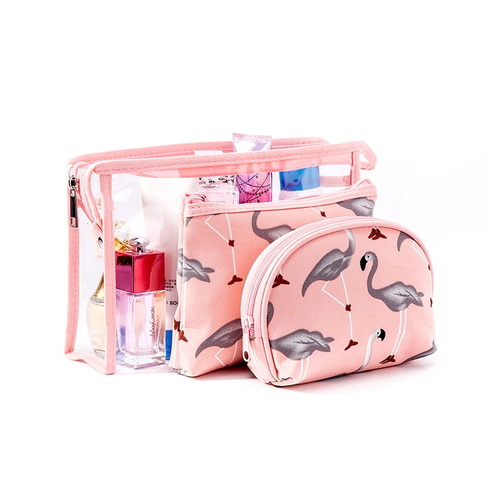 

3 In 1 Set Waterproof PVC Flamingo Printed Makeup Bag Travel Storage Cosmetics Bag Clear Toiletry Bag Big Capacity Pencil Case, White,pink,deep blue