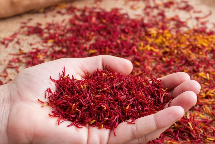 Close-up of authentic saffron threads showing deep red color with orange tips