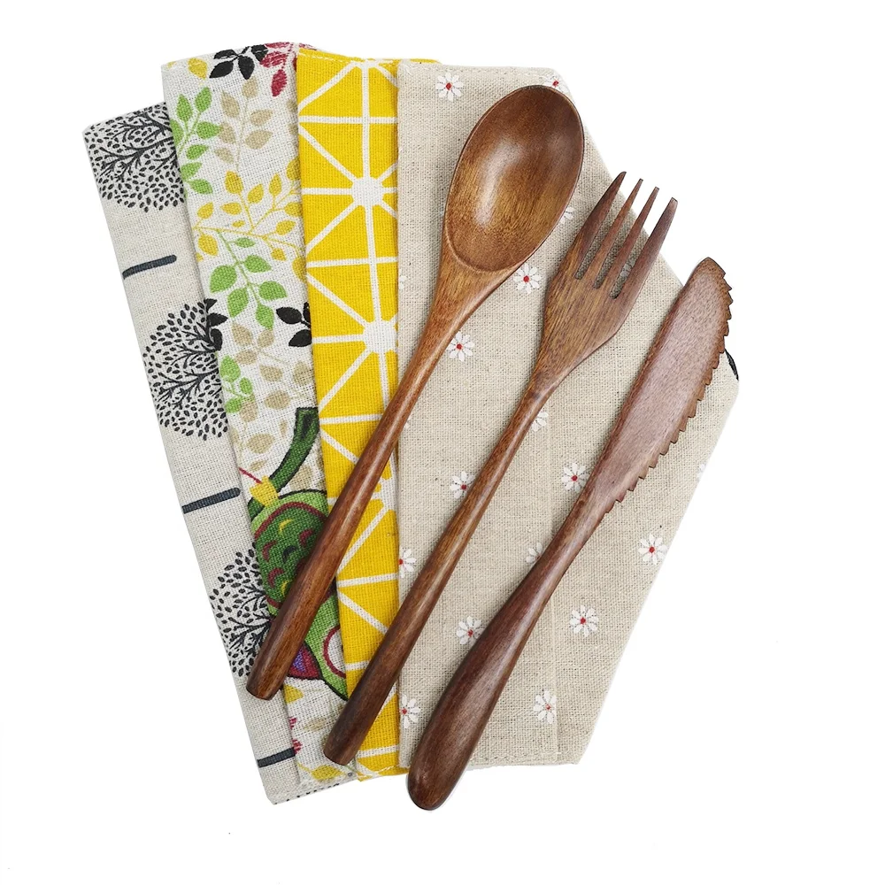 

Portable cutlery set with bag pouch biodegradable wooden cutlery organic cutlery