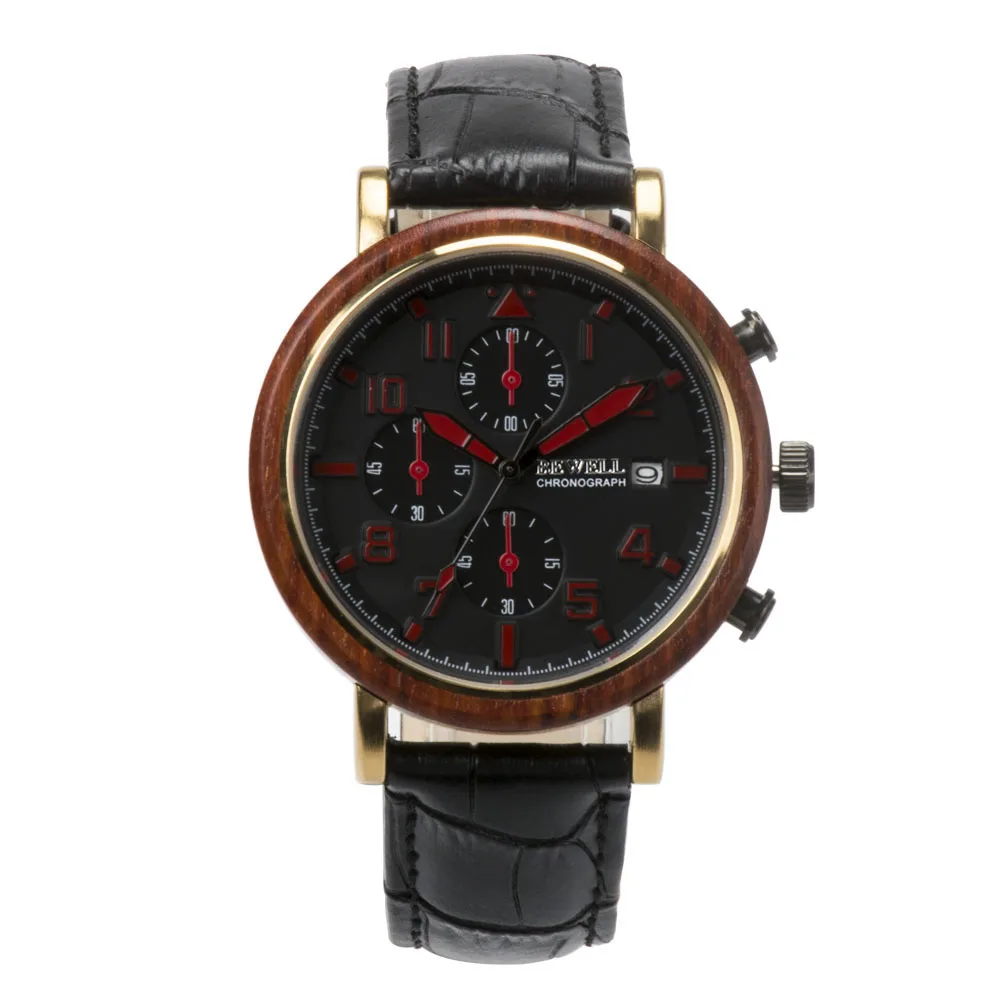 

Wood mix Steel Case Genuine Leather Strap 3ATM Water Resistant Custom Quartz Chronograph Watch