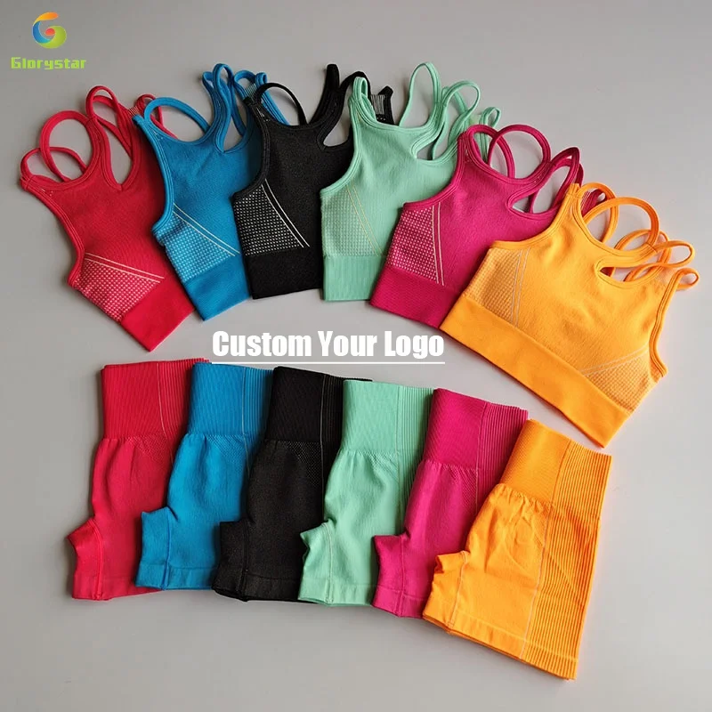 

Women Outfit 2 Pcs Seamless Fitness Yoga Set Beauty Back Bra Seamless High Waisted Elastic Workout Shorts Women Sports Gym Set, Customized colors