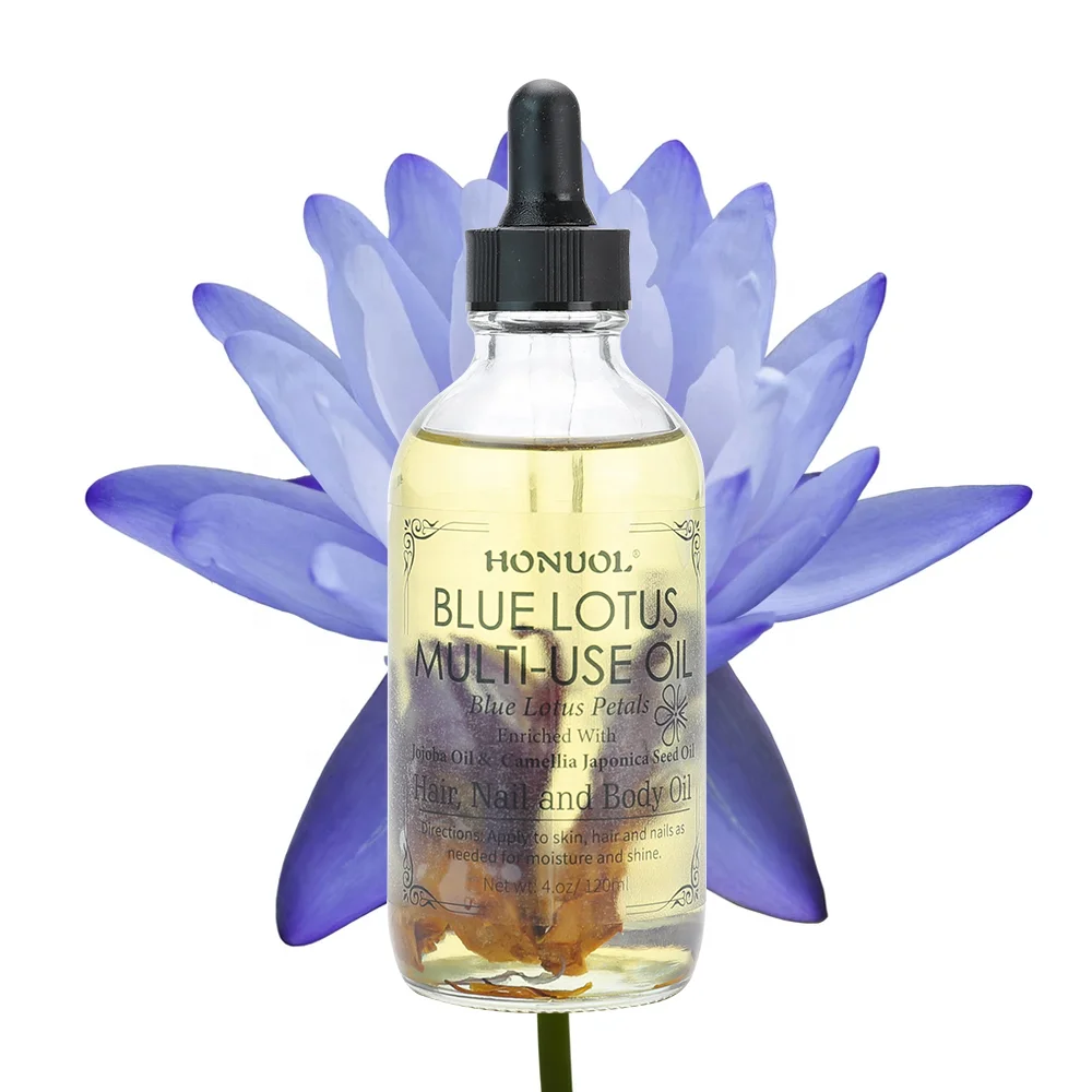 

Private Label Blue Lotus Multi-Use Oil for Face Body and Hair , Moisturizer for Dry Skin Scalp and Nails, Light yellow liquid