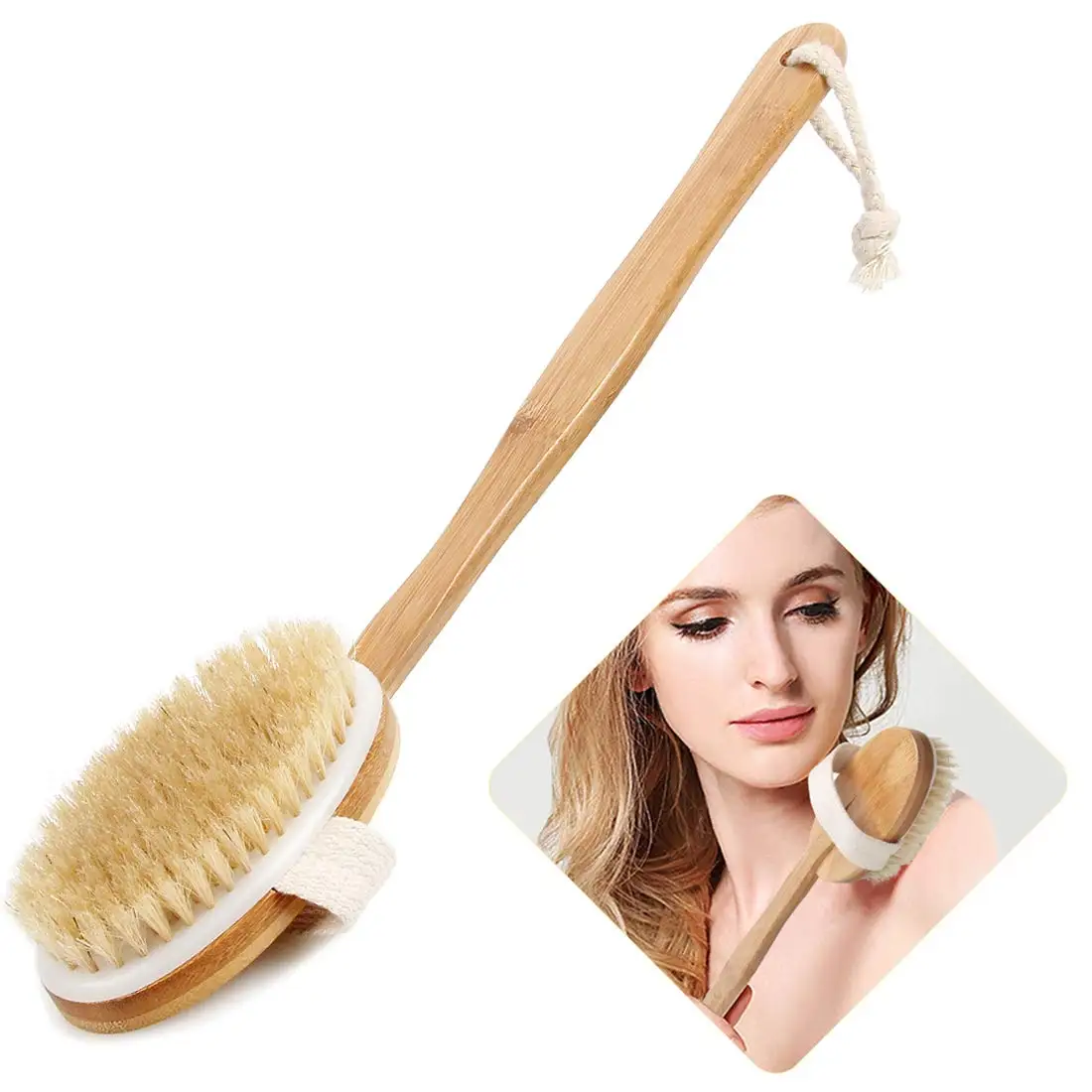 

Private Label Detachable Long Handle Massage Wood Natural Bristle Dry Skin Bath Body Brush