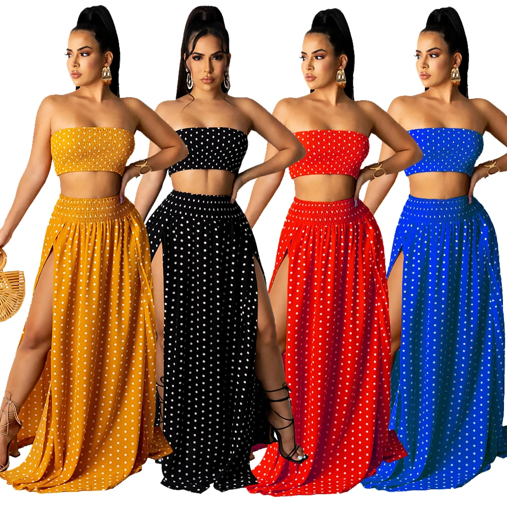 

(RTS 0.35) PP061 Summer 2021 women 2 piece set halter neck crop top with pleated skirt ladies club sexy two piece skirt set