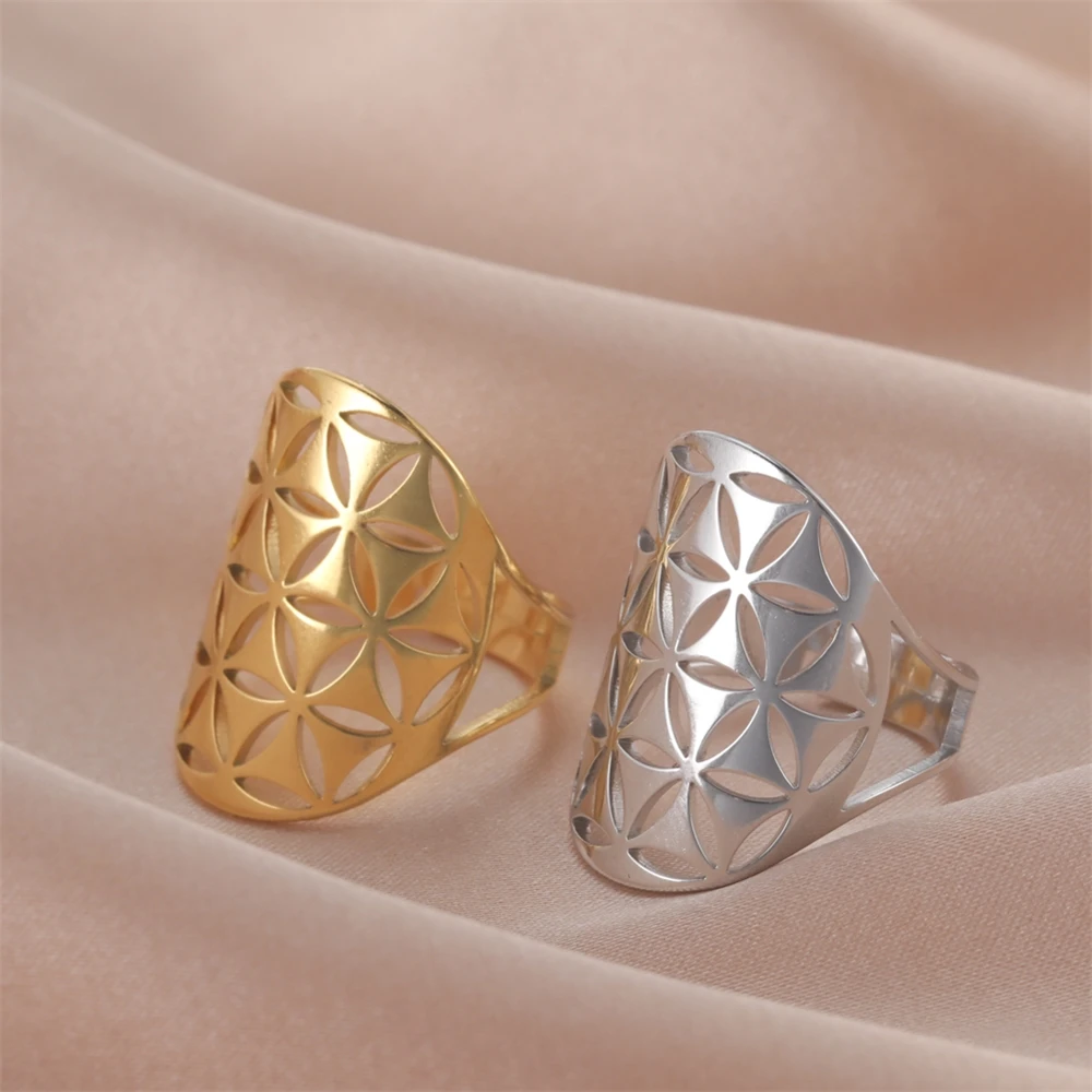 

Women Flower of Life Rings Gold Color Stainless Steel Geometric Resizable Viking Jewelry Ring