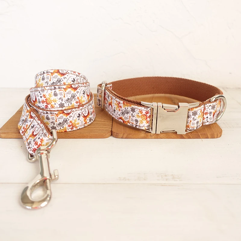 

2021 Christmas Series Snowflake Cloth Pattern Pet Collar Matching Leash set, Picture shows